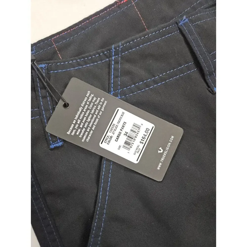True Religion Cargo Pants Men's 34 Black w Blue Stitching MSRP $164